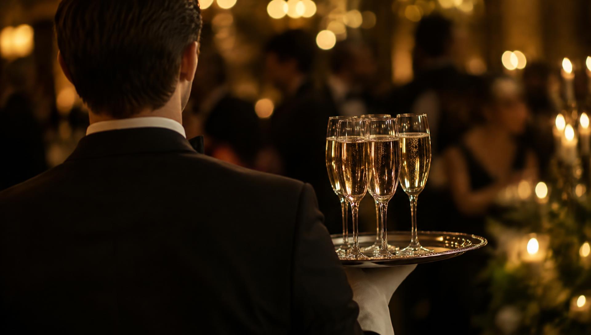 Garçom servindo espumante em um evento elegante (imagem ilustrativa)